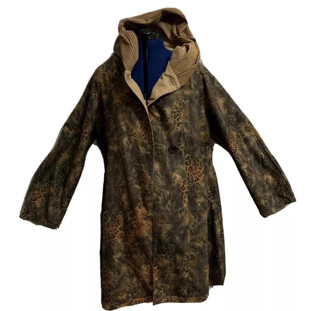 LINDI Women's Size Large Reversible Jacket Coat Hooded Brown Animal Print‎
